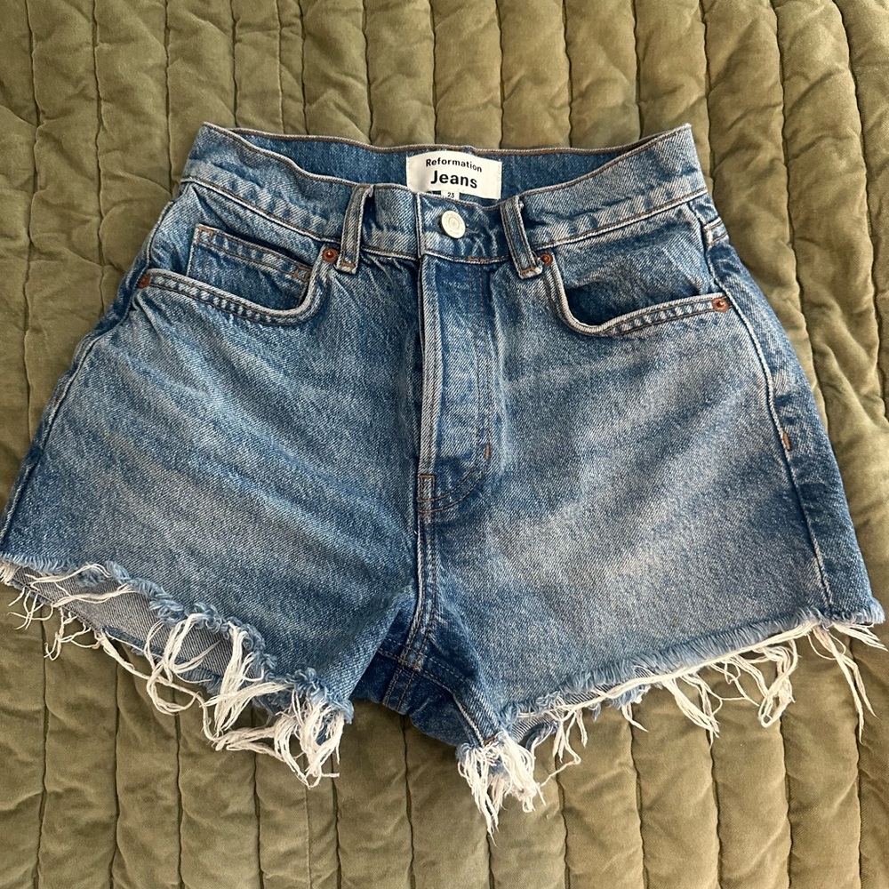 Reformation Distressed Blue Jean Shorts